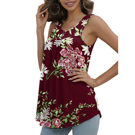 Mengpipi Tank Top for Women Summer Pleated Loose Casual Sleeveless Tunic Tops , 03 Floral Wine-XL(US 16-18)