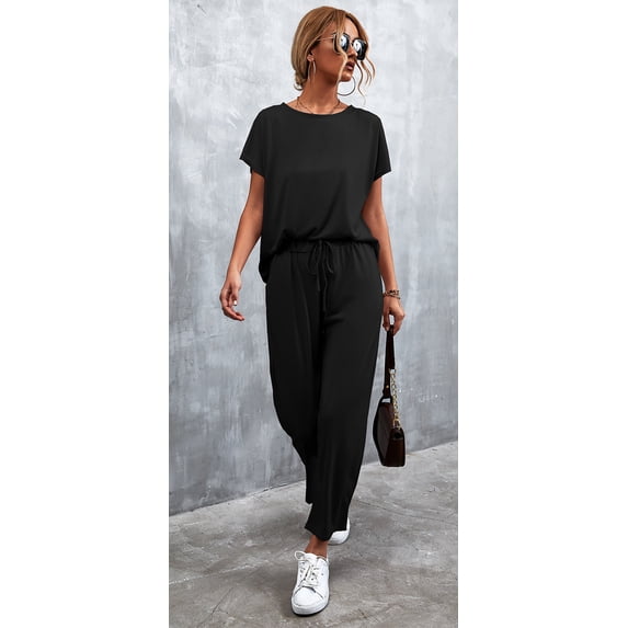 Mengpipi Women Casual 2 Piece Outfit Long Pant Set Sweatsuits Tracksuits Short Sleeve Tops Long Pants Outfits Loungewear, Black-M(US 8-10)