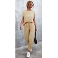 thumbnail image 1 of Mengpipi Women Casual 2 Piece Outfit Long Pant Set Sweatsuits Tracksuits Short Sleeve Tops Long Pants Outfits Loungewear, Khaki-S(US 4-6), 1 of 6