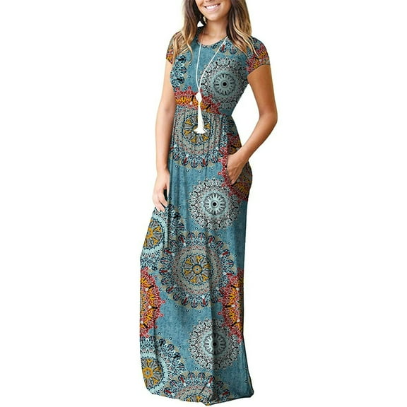 Mengpipi Women Maxi Dresses Short Sleeve Long Loose with Pockets S-2XL