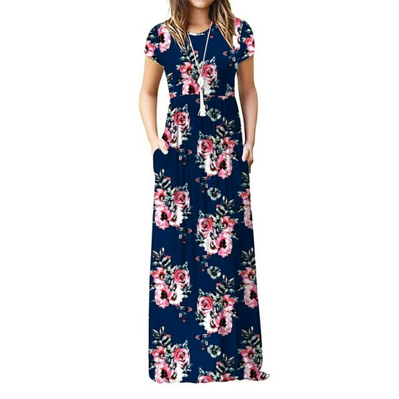 Mengpipi Women Maxi Dresses Short Sleeve Long Loose with Pockets S-2XL