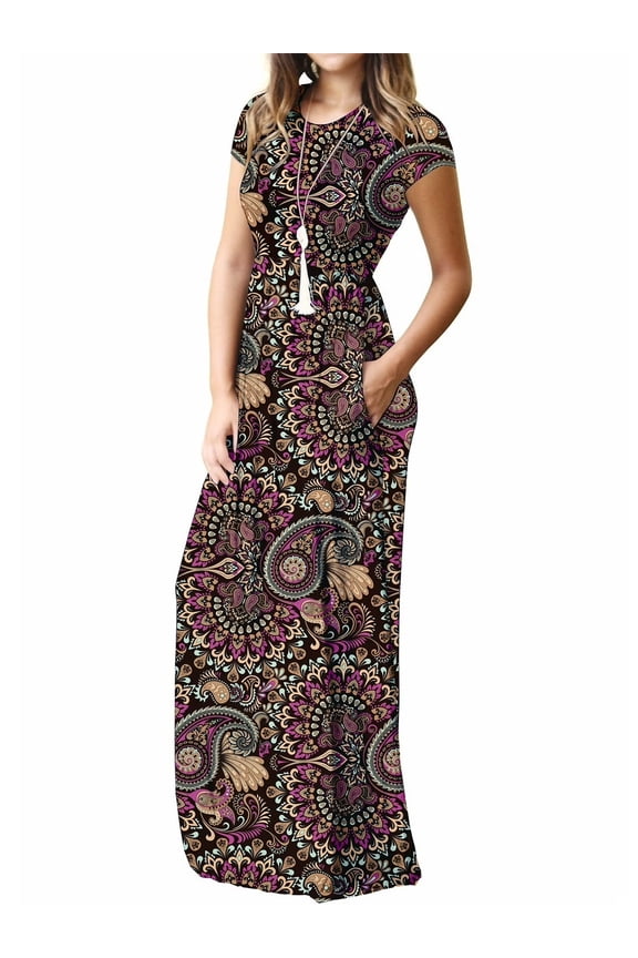 Women Maxi Dresses Short Sleeve Long Loose with Pockets S-2XL