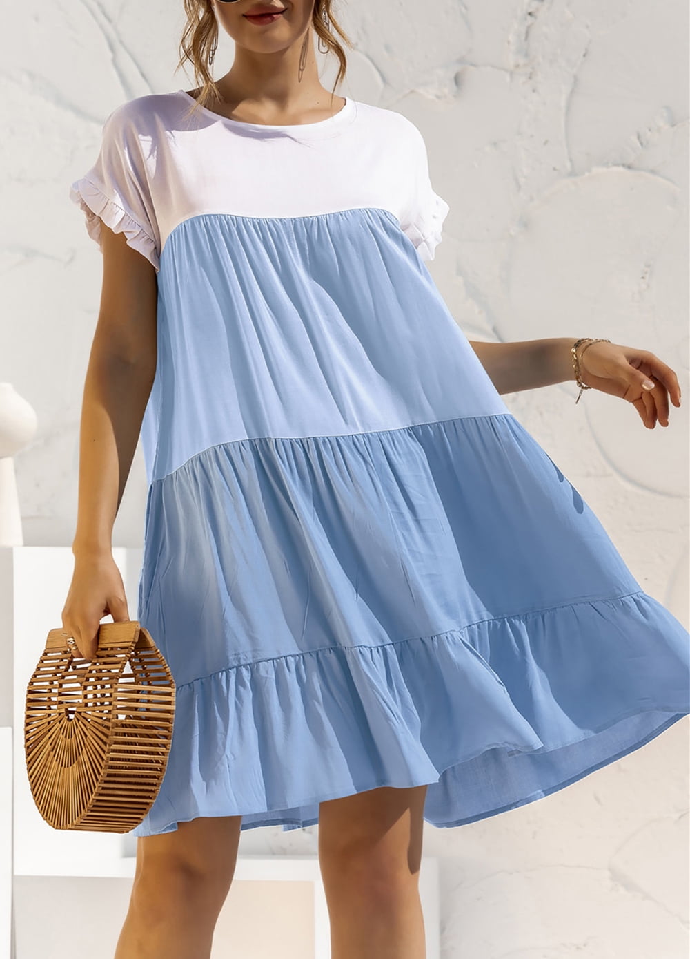 Mengpipi Women Summer Casual Ruffles Dress Color Block Short Sleeve