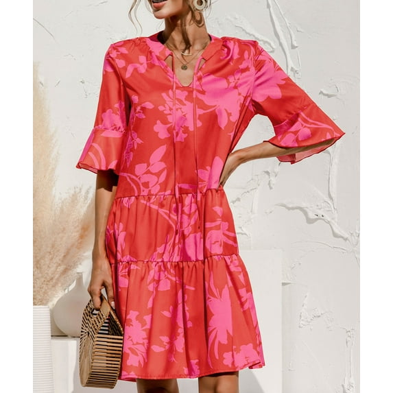 Mengpipi Women Summer V-neck Flared Sleeve Cake Stitching Dress Mini Dress,Red