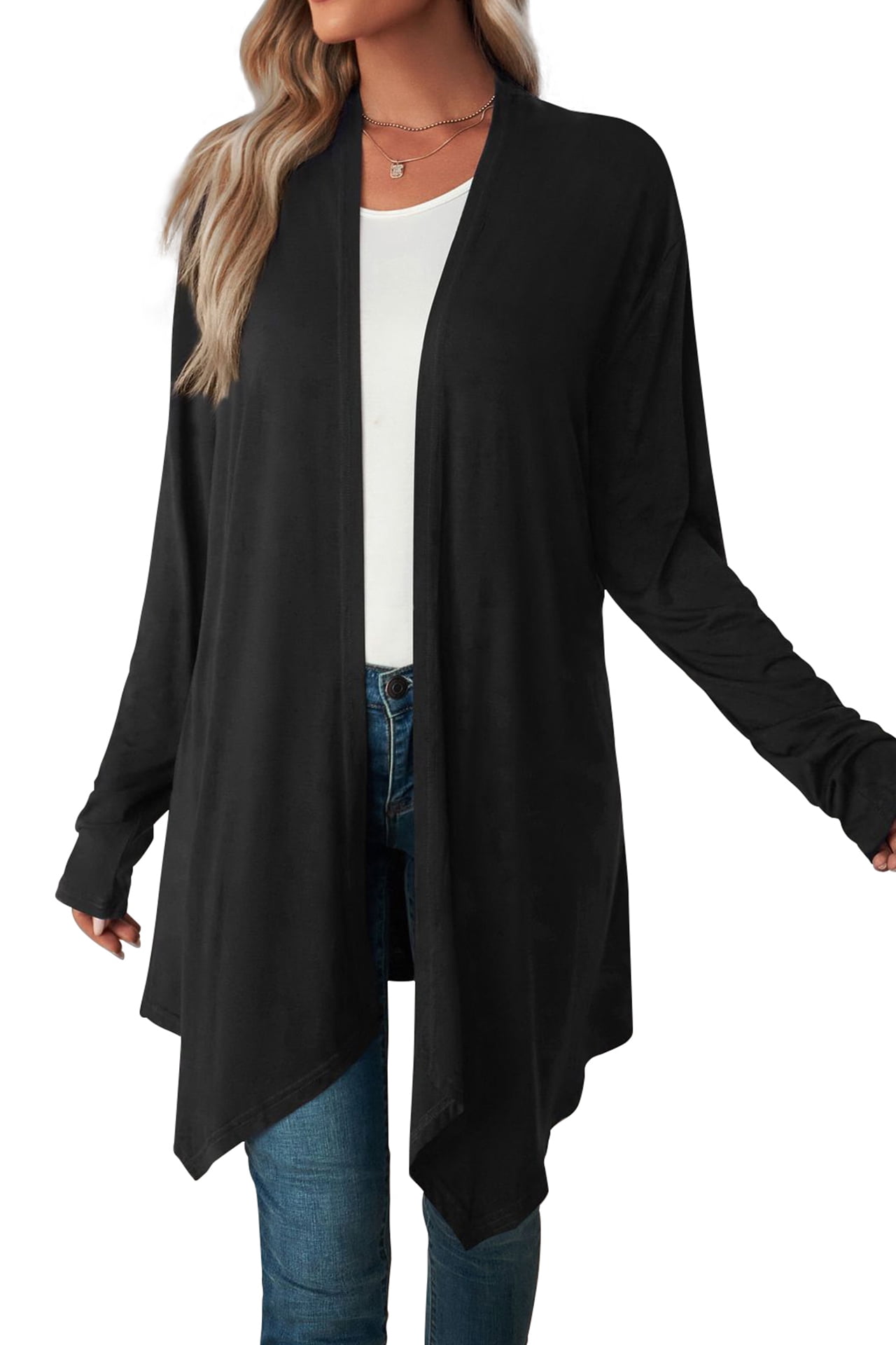 Mengpipi Women's Basic Casual Lightweight Long Sleeve Drape Open Front