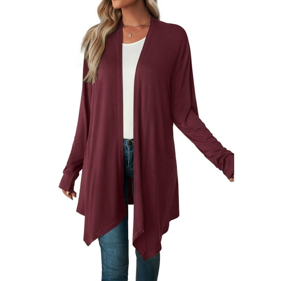 Mengpipi Women's Basic Casual Lightweight Long Sleeve Drape Open Front Cardigan, Wine-L(12-14)