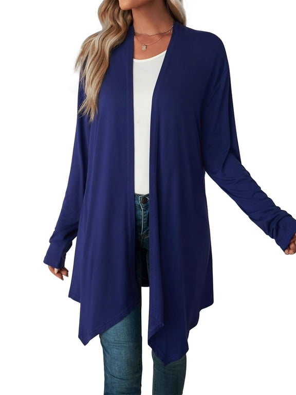 Women's Plus Cardigans Fall Spring Winter Long Sleeve Open Front Draped Irregular Hem Solid Color Casual Lightweight Basic Regular Fit Outerwear Coat S-3X