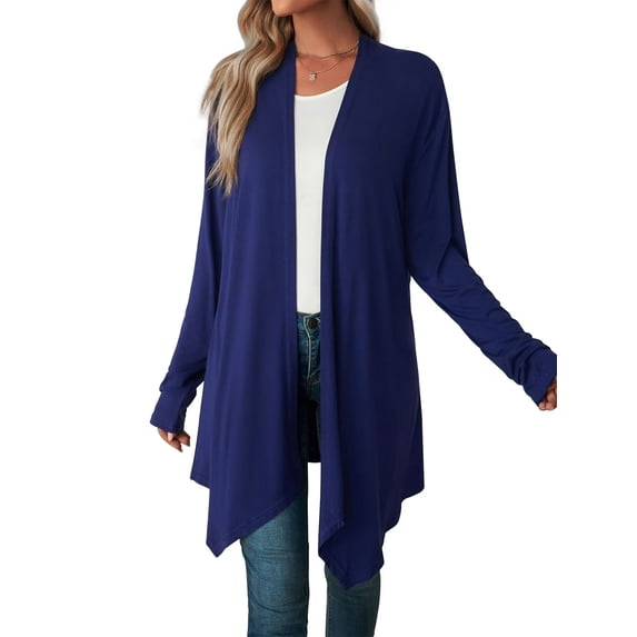 Mengpipi Women's Plus Cardigans Fall Spring Winter Long Sleeve Open Front Draped Irregular Hem Solid Color Casual Lightweight Basic Regular Fit Outerwear Coat S-3X