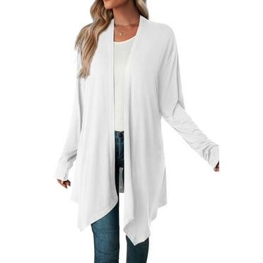 Mengpipi Women's Basic Casual Lightweight Long Sleeve Drape Open Front Cardigan, White-L(12-14)