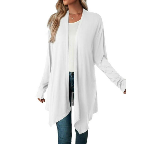 Mengpipi Women's Basic Casual Lightweight Long Sleeve Drape Open Front Cardigan, White-S(4-6)