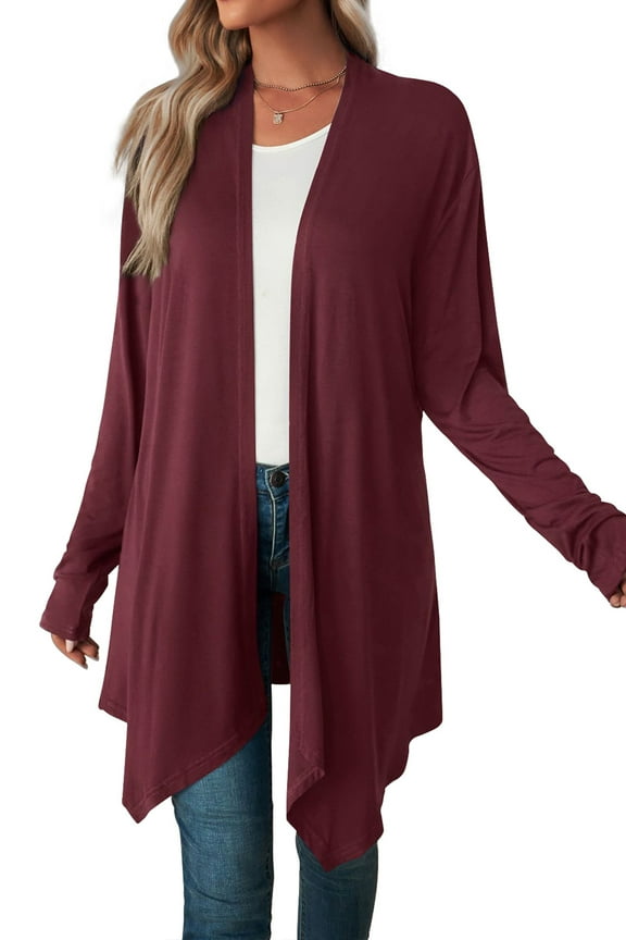 Women's Basic Casual Lightweight Long Sleeve Drape Open Front Cardigan, Wine-XL(16-18)