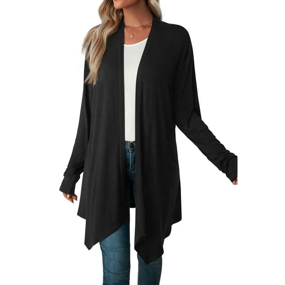 Mengpipi Women's Basic Casual Lightweight Long Sleeve Drape Open Front Cardigan, Black-XL(16-18)