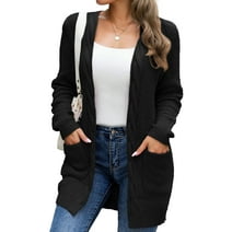 Mengpipi Women's Cardigan Sweater Loose Long Sleeve Open Front Knit Coat with Pockets, Black-L(12-14)