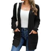 MENGPIPI Women's Cardigan Sweater Loose Long Sleeve Open Front Knit Coat with Pockets, Black-L(12-14)
