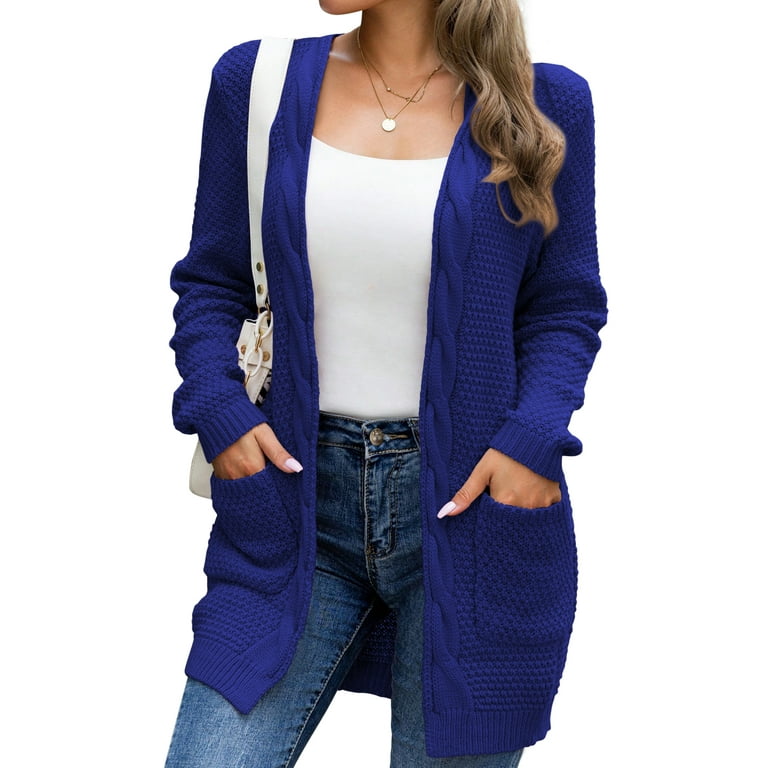 Mengpipi Women s Cardigan Sweater Loose Long Sleeve Open Front Knit Coat with Pockets Blue L US 12 14 Walmart