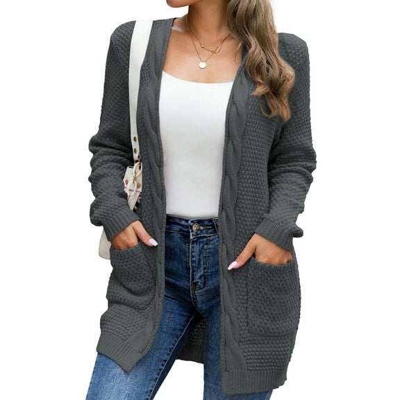 Mengpipi Women's Cardigan Sweater Loose Long Sleeve Open Front Knit Coat with Pockets, Dark Gray-S(US 4-6)