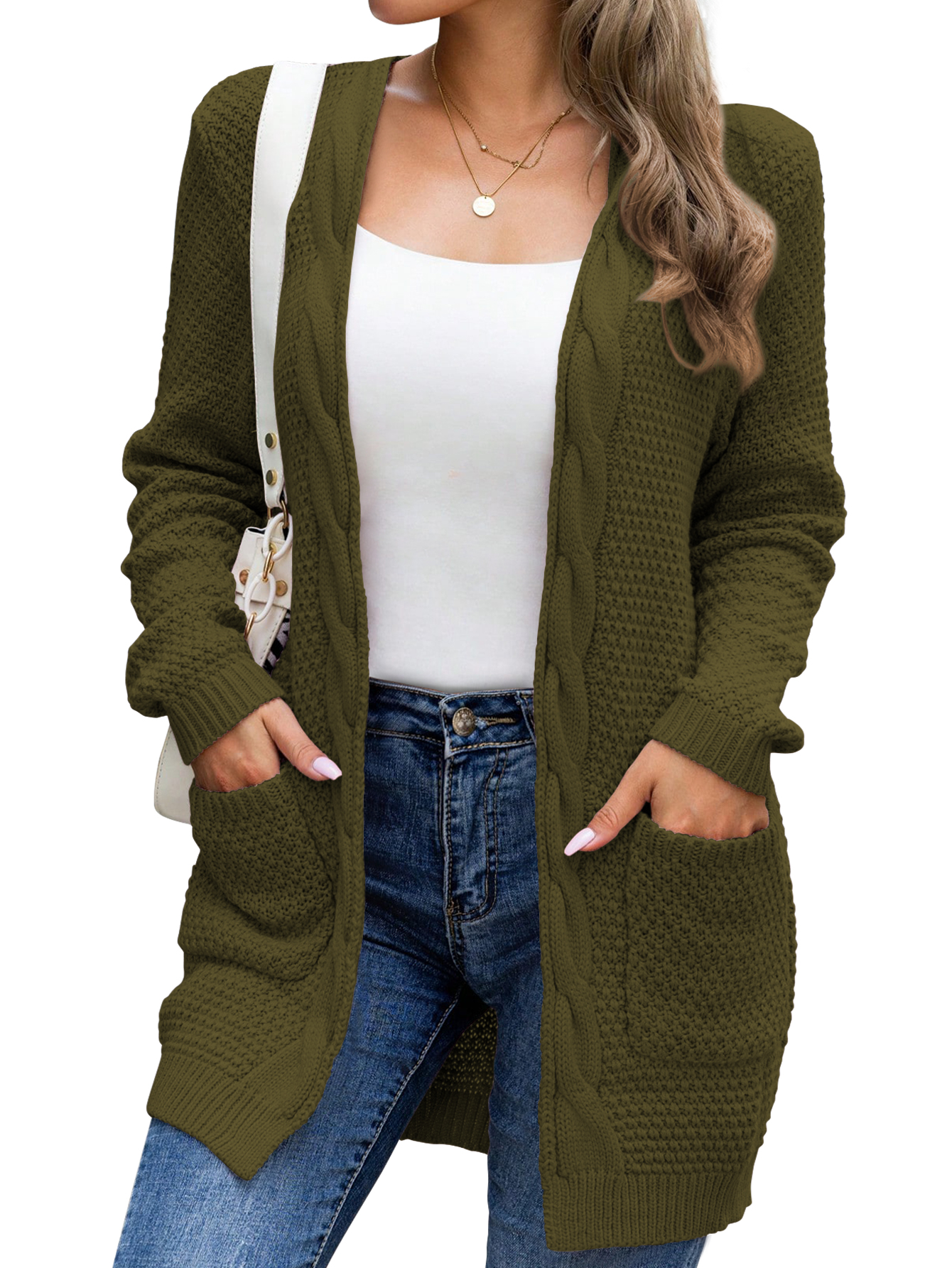 MEROKEETY Women's Cable Knit Cardigan Sweater - Long Sleeve Button Open Front Casual Coat For Fall