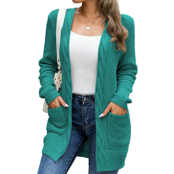 Mengpipi Women's Cardigan Sweater Loose Long Sleeve Open Front Knit Coat with Pockets, Peacock Blue-XL(US 16-18)