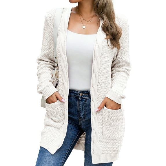 Mengpipi Women's Cardigan Sweater Loose Long Sleeve Open Front Knit Coat with Pockets, White-2XL(US 20-22)