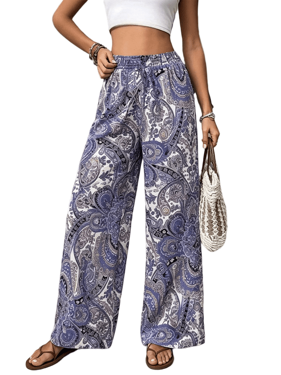 Women's Casual Loose Fit Wide Leg Pants, Vintage Paisley Pattern Polyester Trousers S-2XL