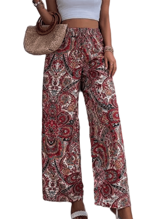 Women's Casual Loose Fit Wide Leg Pants, Vintage Paisley Pattern Polyester Trousers S-2XL