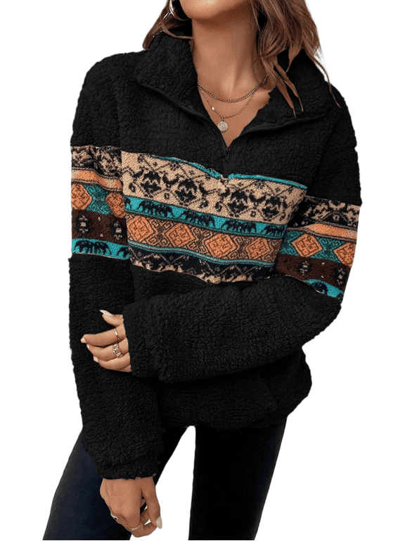 Women's Casual Color Block Pullover Sweater - Soft Sherpa Fleece Hooded Top S-XL