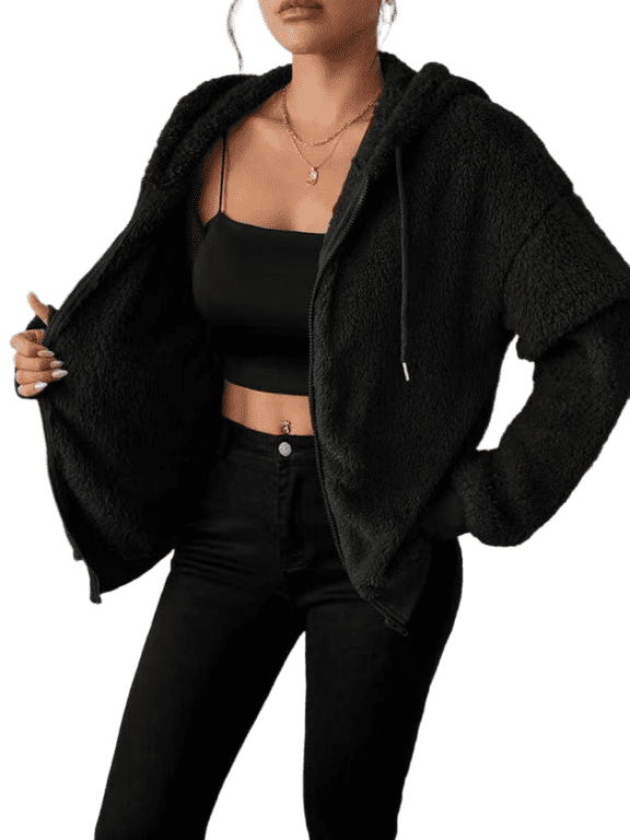 Women's Double-Sided Fleece Hooded Jacket Full Zip Sherpa Coat Winter Warm Outerwear S-XL