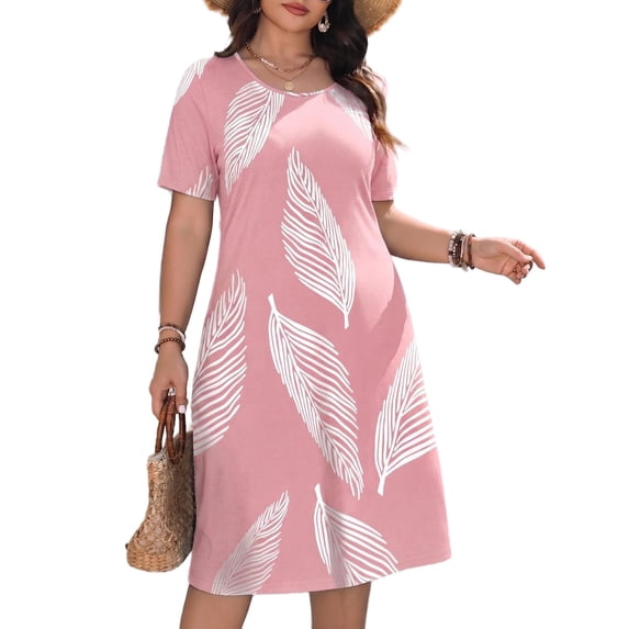 Mengpipi Women's Dresses Summer Short Sleeve Round Neck Pocketed Loose Leaf Print Casual Gown 1X-5X