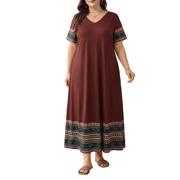 Mengpipi Women's Plus Dresses Summer Short Sleeve V-Neck Loose Fit Ethnic Colorful Striped Hem Bohemian Skirt 1X-5X