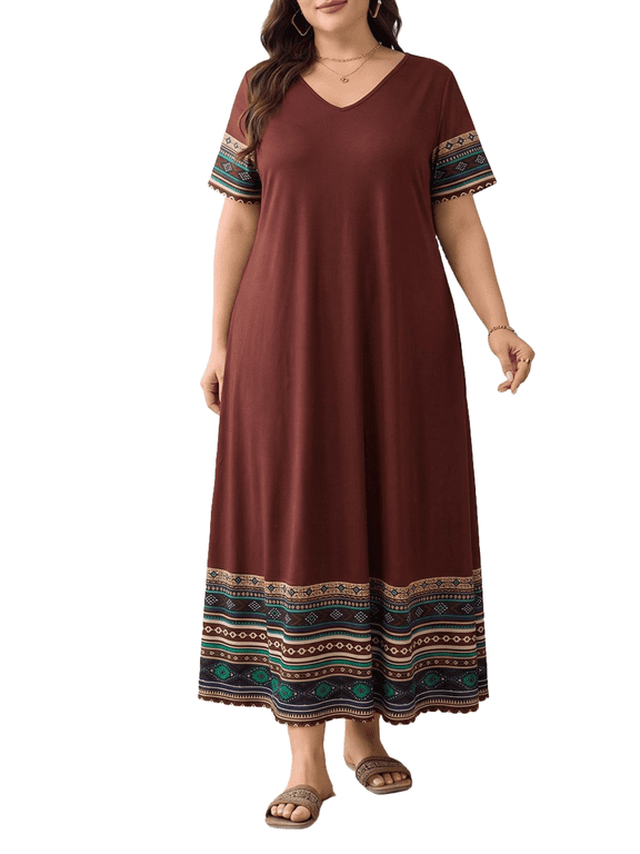 Women's Plus Dresses Summer Short Sleeve V-Neck Loose Fit Ethnic Colorful Striped Hem Bohemian Skirt 1X-5X