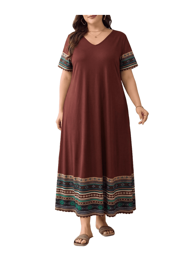 Women's Plus Dresses Summer Short Sleeve V-Neck Loose Fit Ethnic Colorful Striped Hem Bohemian Skirt 1X-5X