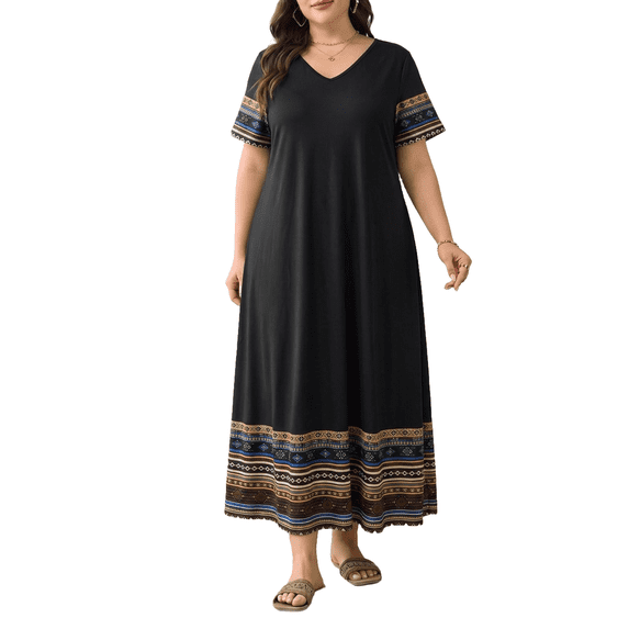 Mengpipi Women's Plus Dresses Summer Short Sleeve V-Neck Loose Fit Ethnic Colorful Striped Hem Bohemian Skirt 1X-5X