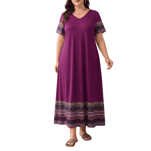 Mengpipi Women's Plus Dresses Summer Short Sleeve V-Neck Loose Fit Ethnic Colorful Striped Hem Bohemian Skirt 1X-5X
