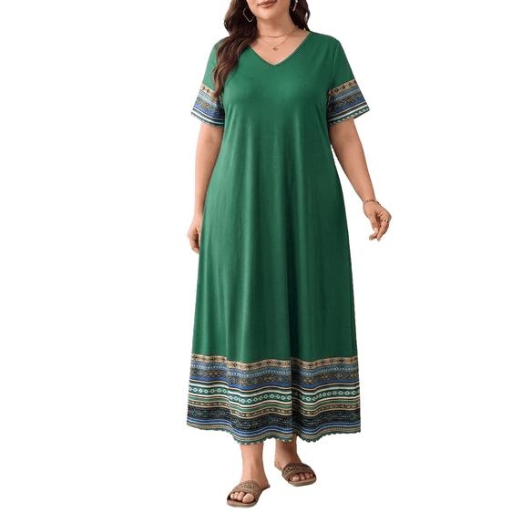 Mengpipi Women's Plus Dresses Summer Short Sleeve V-Neck Loose Fit Ethnic Colorful Striped Hem Bohemian Skirt 1X-5X
