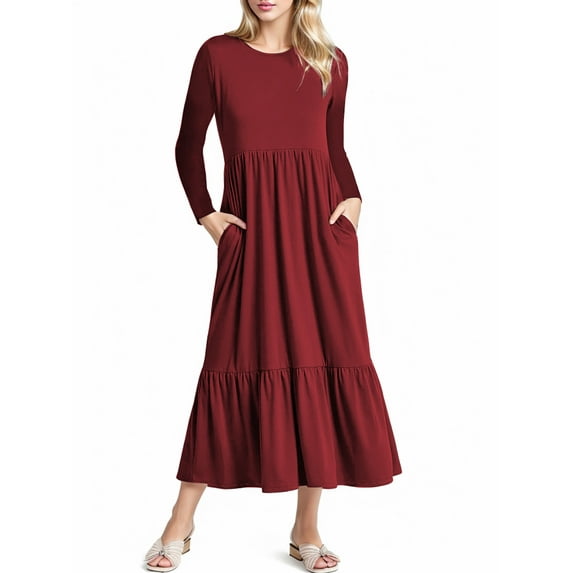 Mengpipi Women’s Fall Dress Casual Long Sleeve Crew Neck Dress Tiered Maxi Swing Dress with Pockets