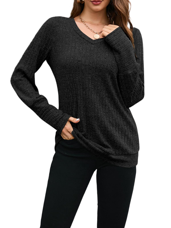 Women’s Fall Winter Long Sleeve V Neck Ribbed Knit Brushed Fabric Slim Fit Solid Color Trendy Casual Tee Tops S-2XL