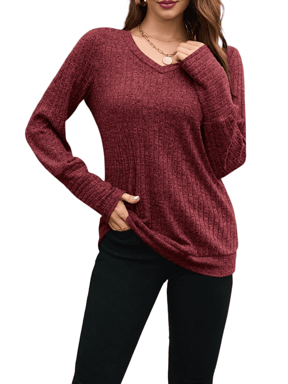 Women’s Fall Winter Long Sleeve V Neck Ribbed Knit Brushed Fabric Slim Fit Solid Color Trendy Casual Tee Tops S-2XL