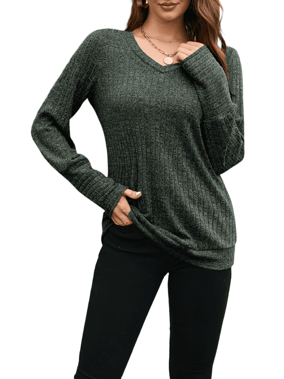 Women’s Fall Winter Long Sleeve V Neck Ribbed Knit Brushed Fabric Slim Fit Solid Color Trendy Casual Tee Tops S-2XL