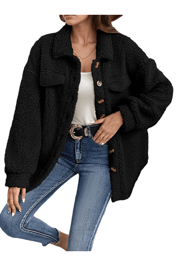 Women's Fleece Shacket Autumn Winter Long Sleeve Lapel Collar Thick Plush Shaggy Pullover Lazy Style Jacket S-2XL