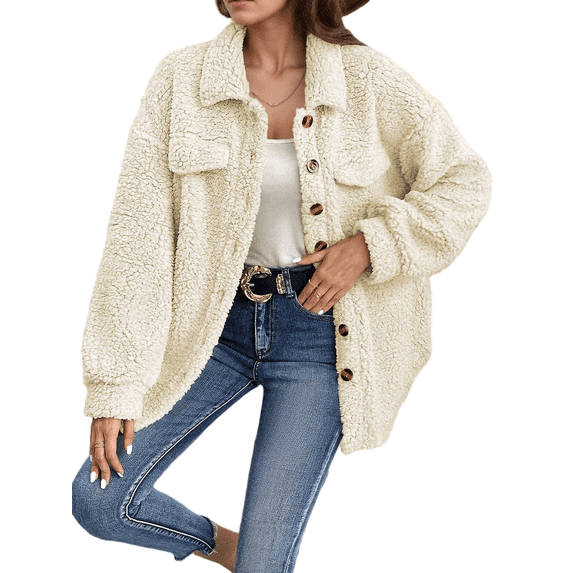Mengpipi Women's Fleece Shacket Autumn Winter Long Sleeve Lapel Collar Thick Plush Shaggy Pullover Lazy Style Jacket S-2XL