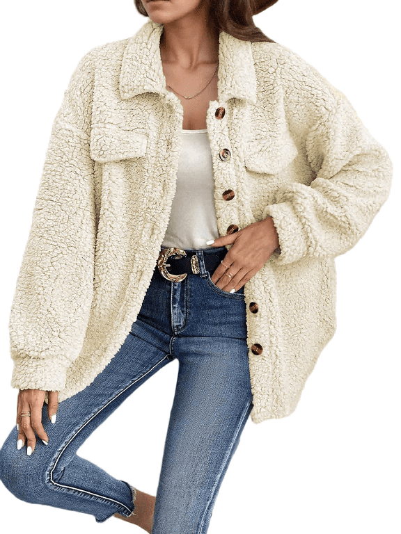 Women's Fleece Shacket Autumn Winter Long Sleeve Lapel Collar Thick Plush Shaggy Pullover Lazy Style Jacket S-2XL