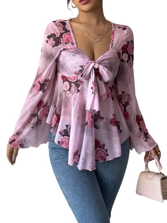Women's Floral Tie-Up Square Neck Blouse - Cute & Sweet Long Sleeve Wrap Top S-XL