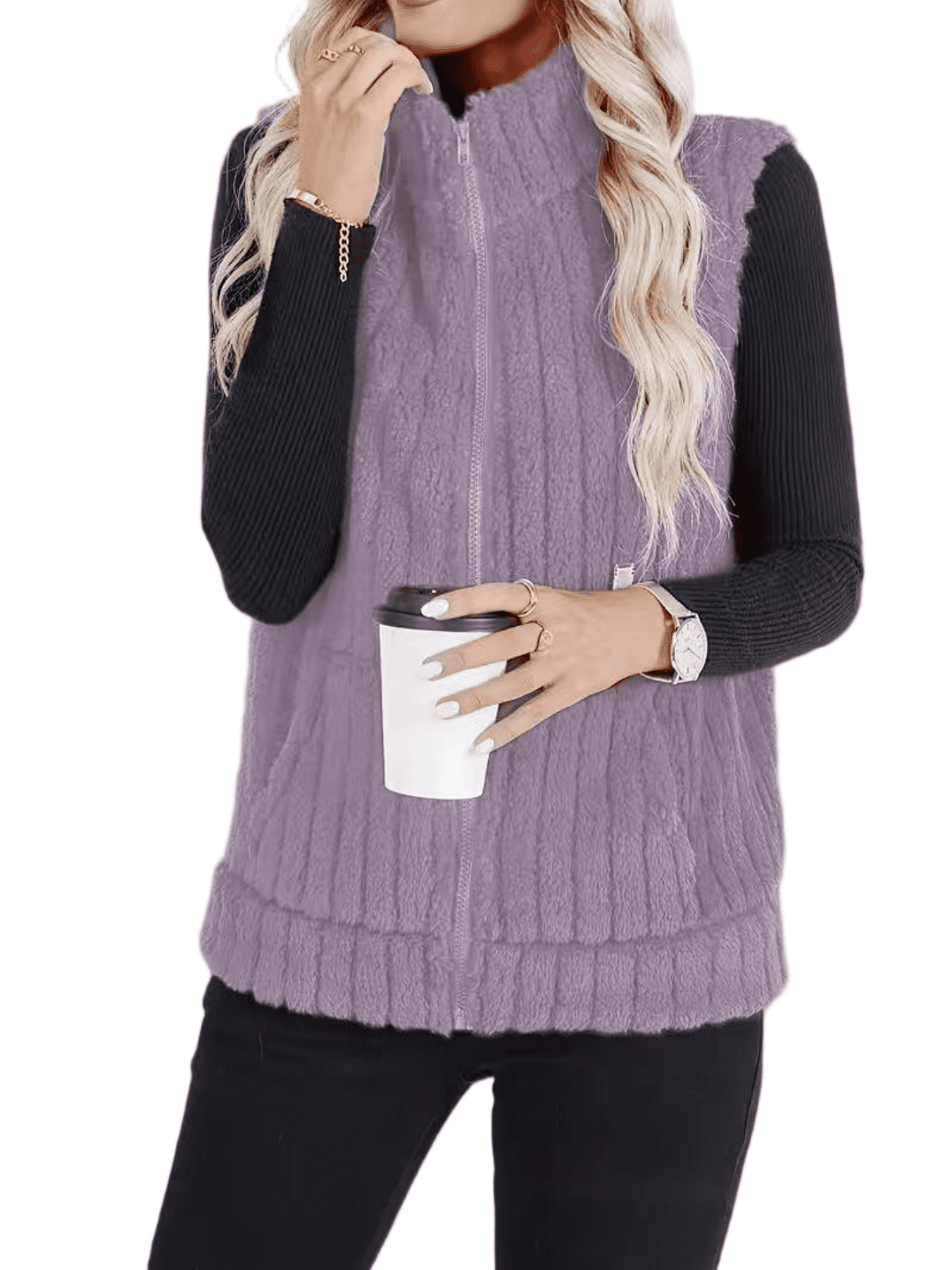 Mengpipi Women's Fuzzy Sherpa Waistcoat, Reversible Solid Color Zipper ...