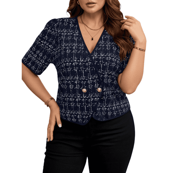 Mengpipi Women's Jackets Summer Short Sleeve V-Neck Puff Sleeve Loose Fit Checkered & Tweed Casual Elegant Coat 1X-4X