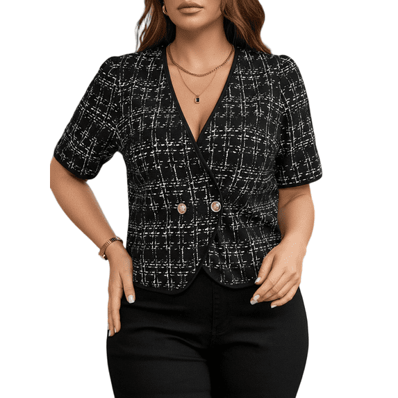 Mengpipi Women's Jackets Summer Short Sleeve V-Neck Puff Sleeve Loose Fit Checkered & Tweed Casual Elegant Coat 1X-4X