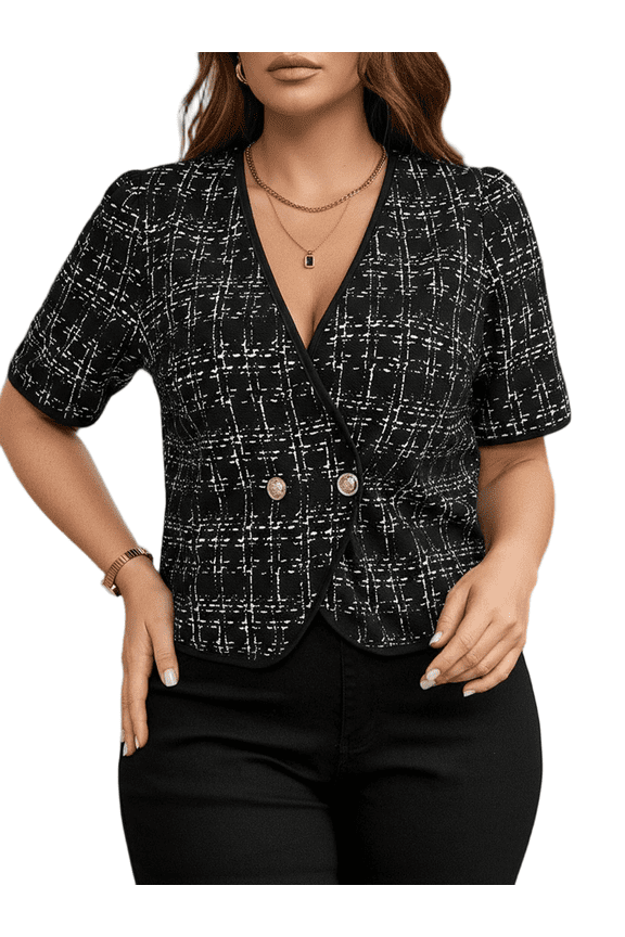 Mengpipi Women's Jackets Summer Short Sleeve V-Neck Puff Sleeve Loose Fit Checkered & Tweed Casual Elegant Coat 1X-4X