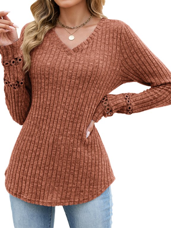 Women's Knit Top Fall Winter Long Sleeve V Neck Slim Fit Ribbed Knit Solid Color Casual Sweater S-2XL