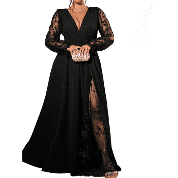 Mengpipi Women's Lace Dress Fall Spring Long Sleeve V Neck A-Line High Waist Solid Color Elegant Evening Gown 1X-4X