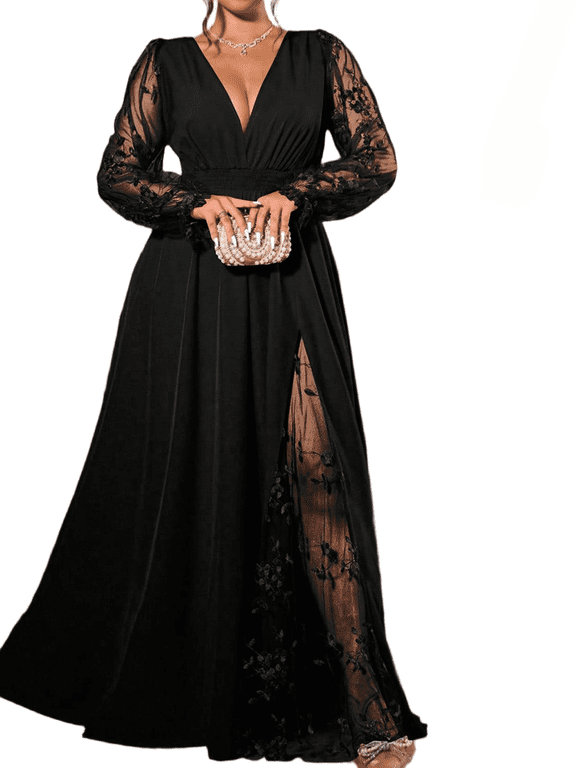 Women's Lace Dress Fall Spring Long Sleeve V Neck A-Line High Waist Solid Color Elegant Evening Gown 1X-4X