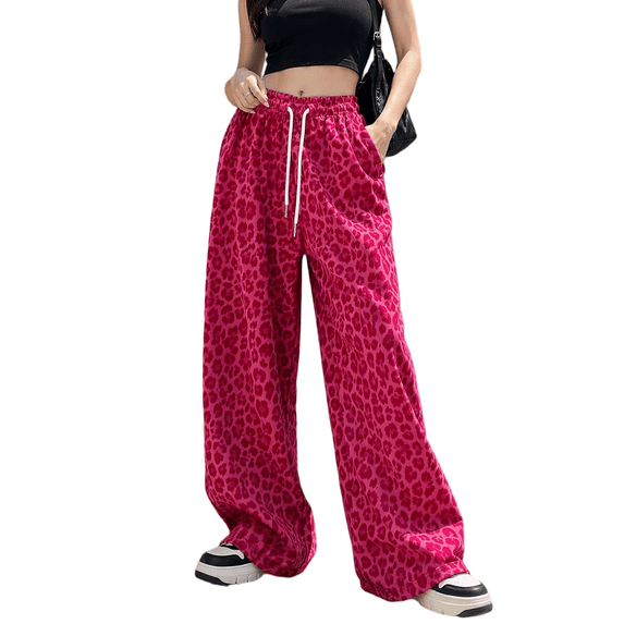 Mengpipi Women’s Leopard Print Wide Leg Pants High Waist Drawstring Palazzo Trousers with Slant Pockets S-2XL